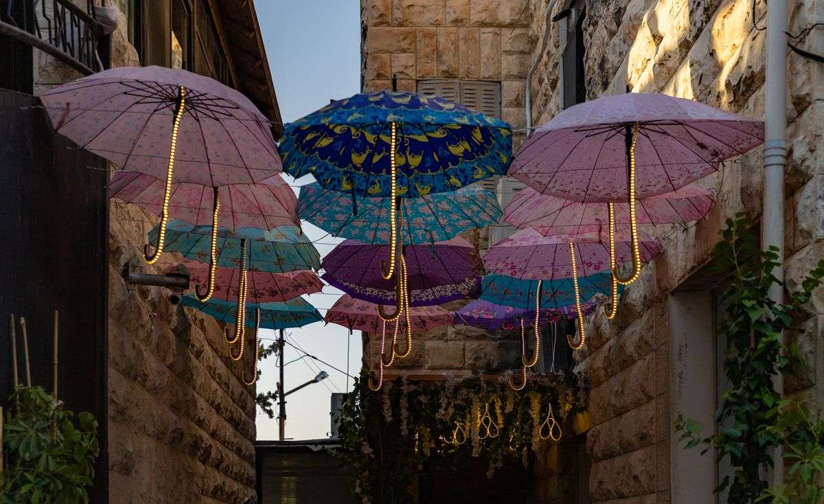 Colorful umbrellas hanging outdoors.