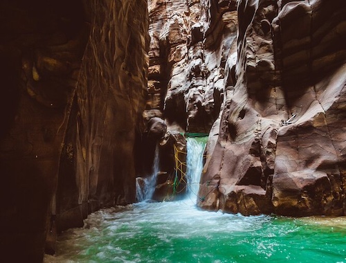 Canyon river with natural rock formations and green water - Wadi Mujib Siq Trail with Amman Panoramic & Optional Dead Sea Visit