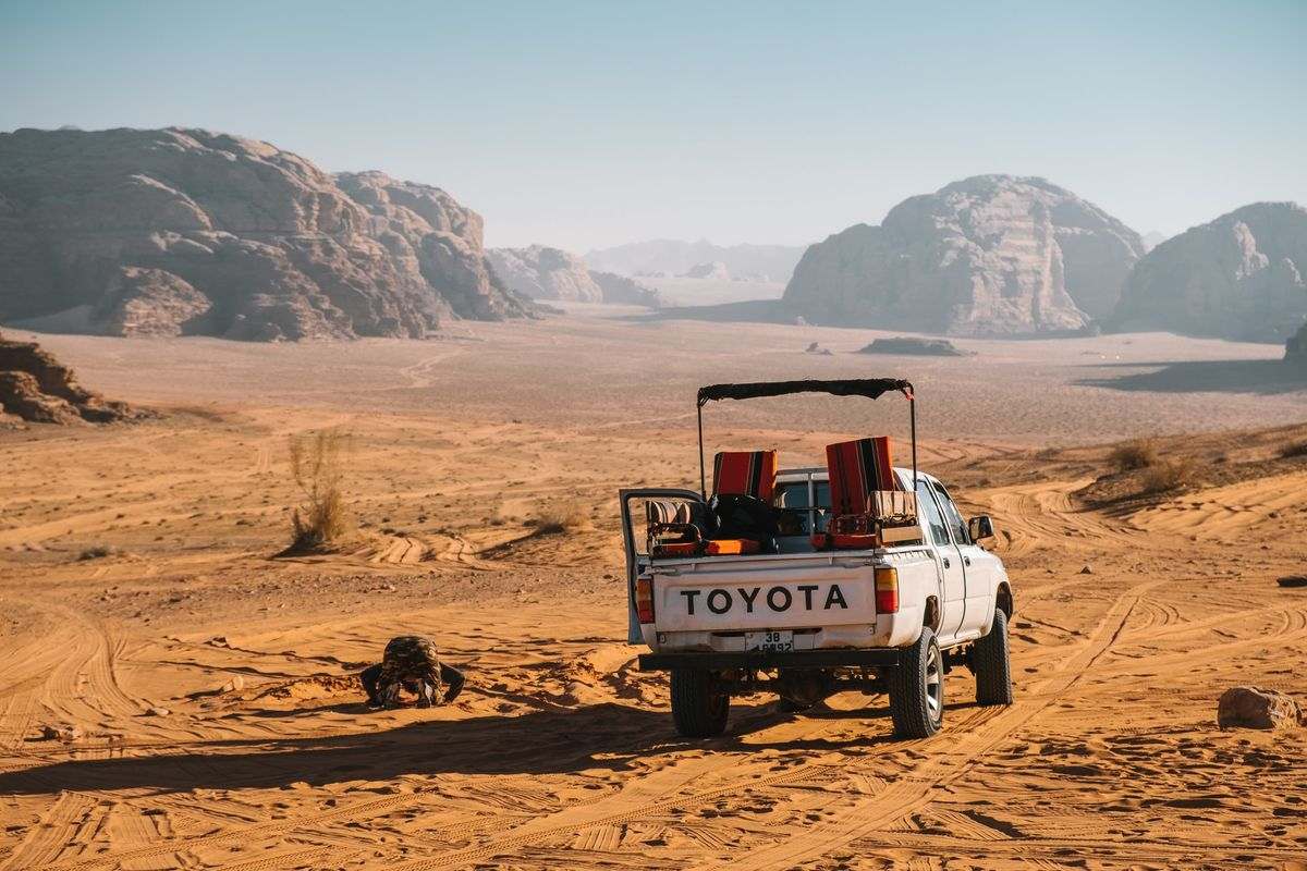 Jeep on a desert safari adventure. Wadi Rum tour from Amman Jordan