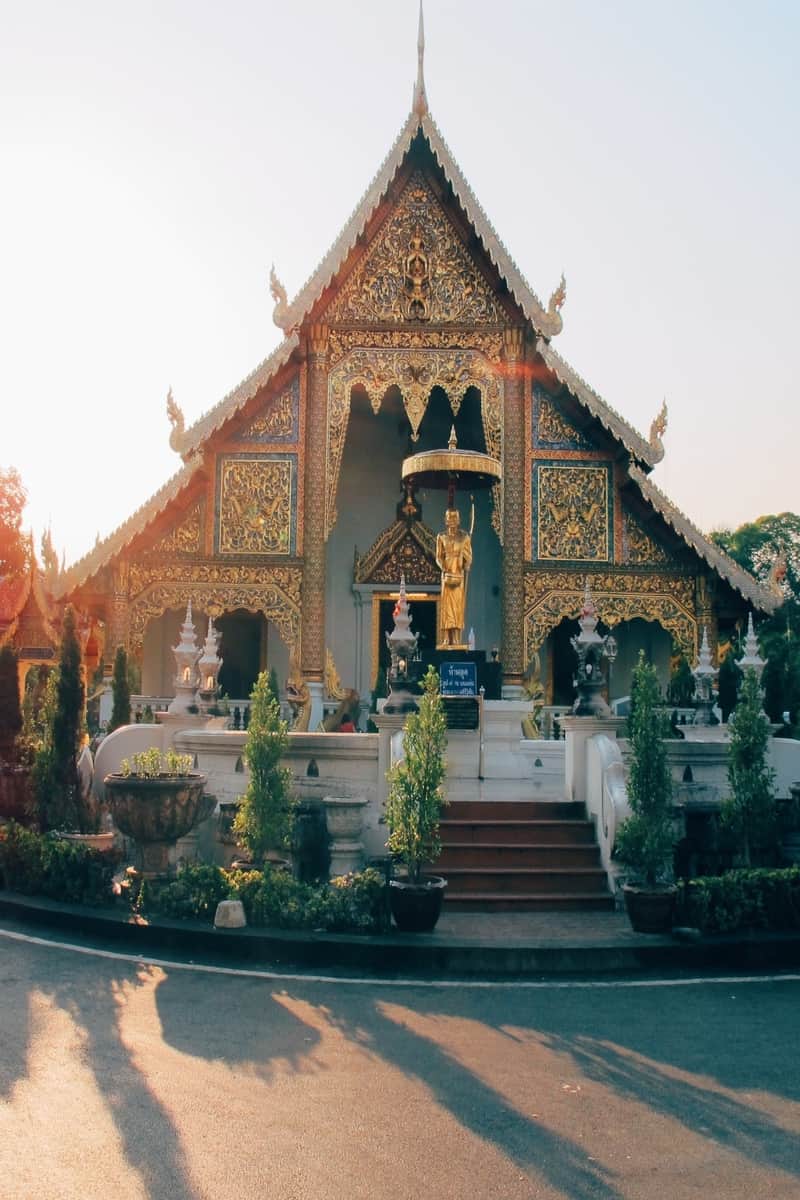 Traditional Buddhist temple in Chiang Mai during sunset