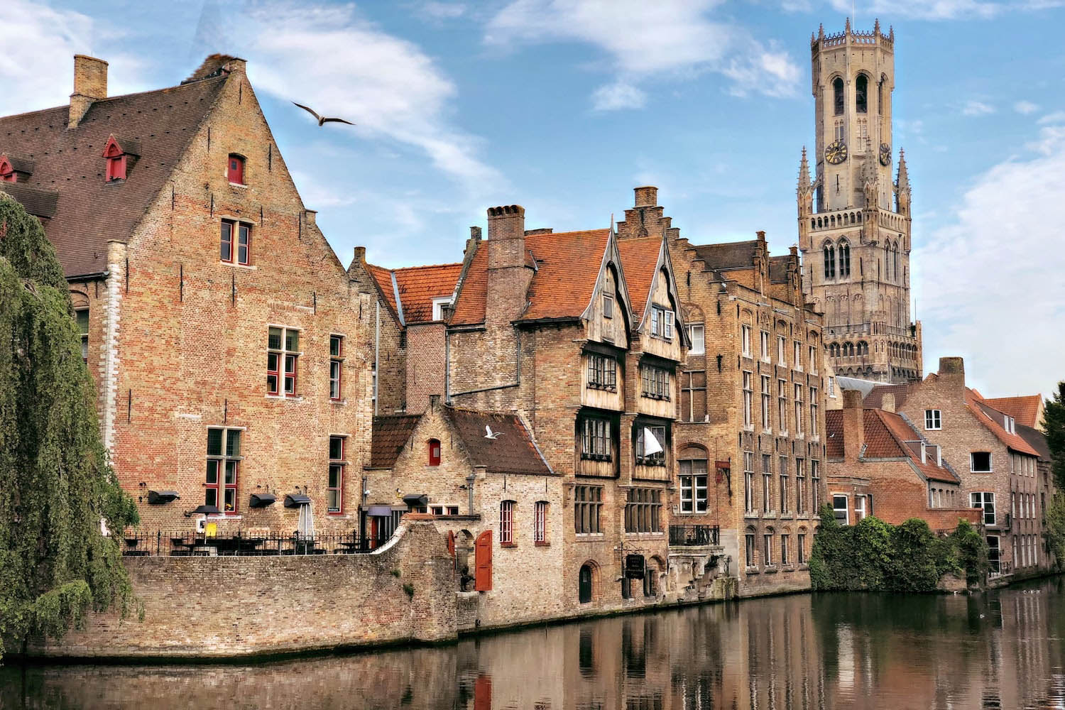 Photo of the city of Bruges with brick houses and the tower