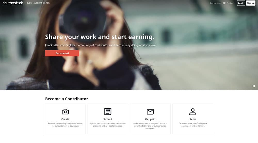 homepage of Shutterstock to sell stock photos