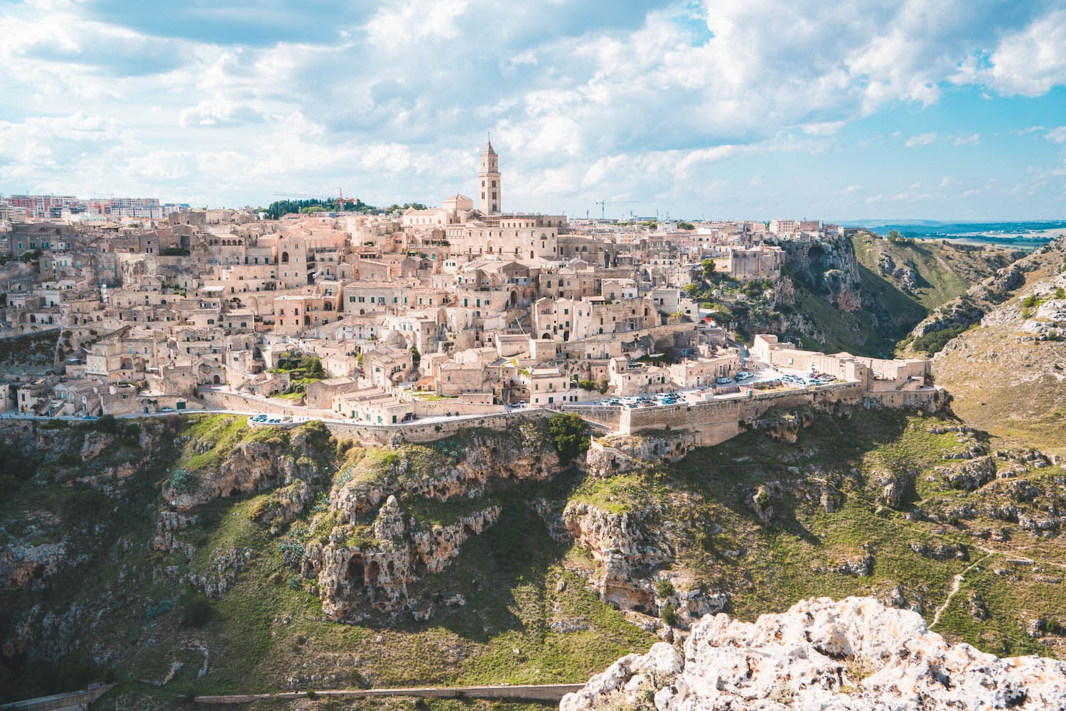 Wide photo of the old city of Matera, Italy