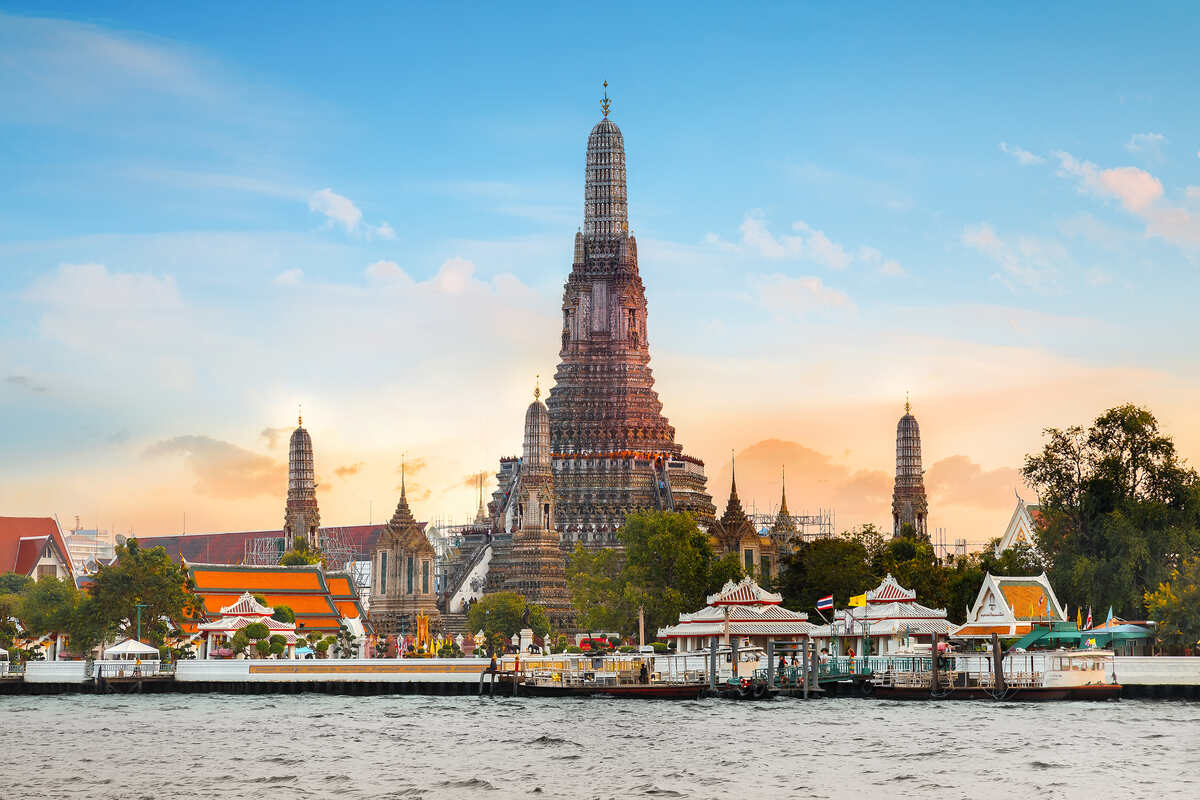 Wat Arun temple in Bangkok at sunset, Thailand in March