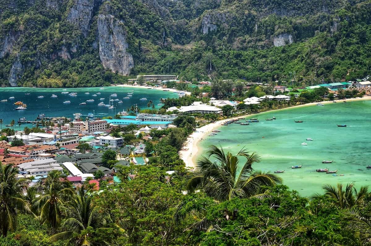 Aerial view of Phi Phi Island with the bay and clear waters