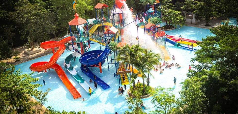Waterpark with colorful slides and pools.