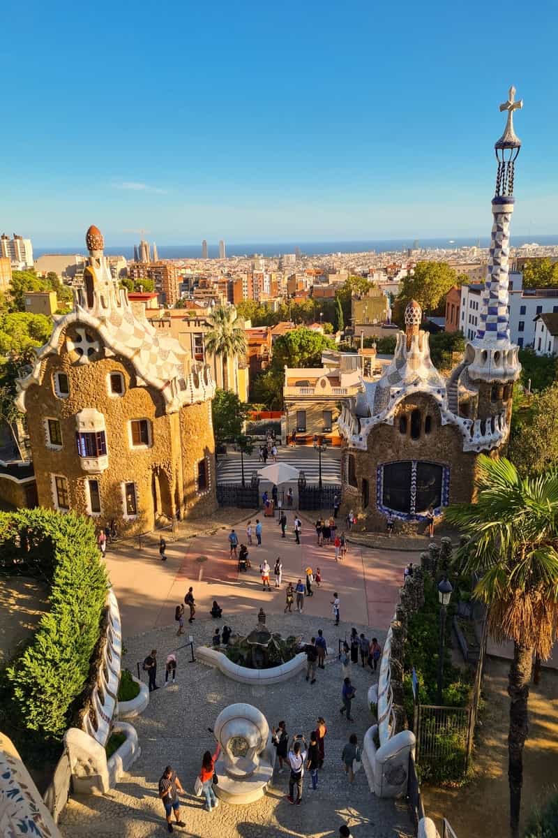 Overlook of a Barcelona city at dusk from Park Guell