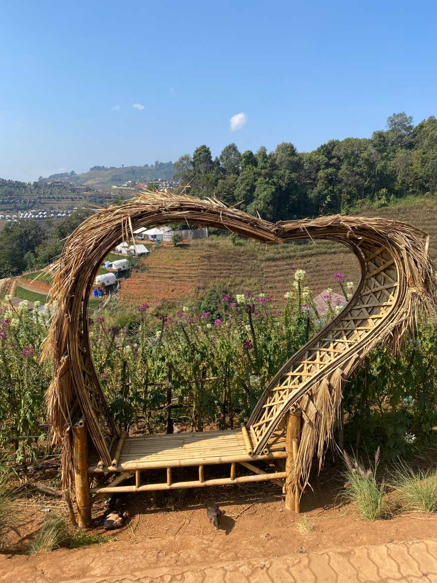 Bench with a heart frame and forested hills in the background.