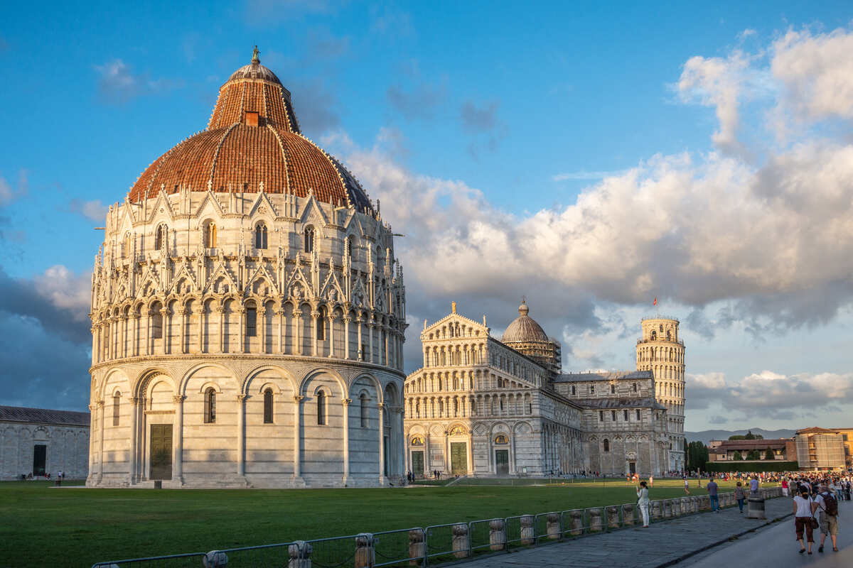 Pisa Cathedral and Leaning Tower against blue sky. Pisa tour from Florence