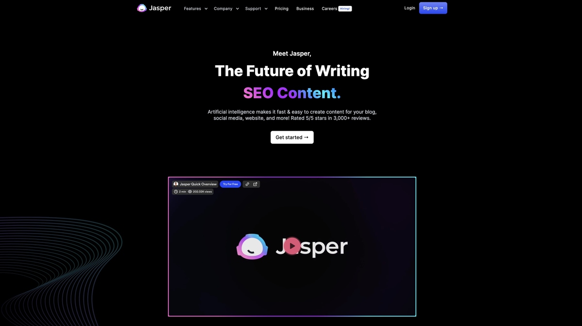 Homepage of Jasper that says The Future of Writing SEO Content
