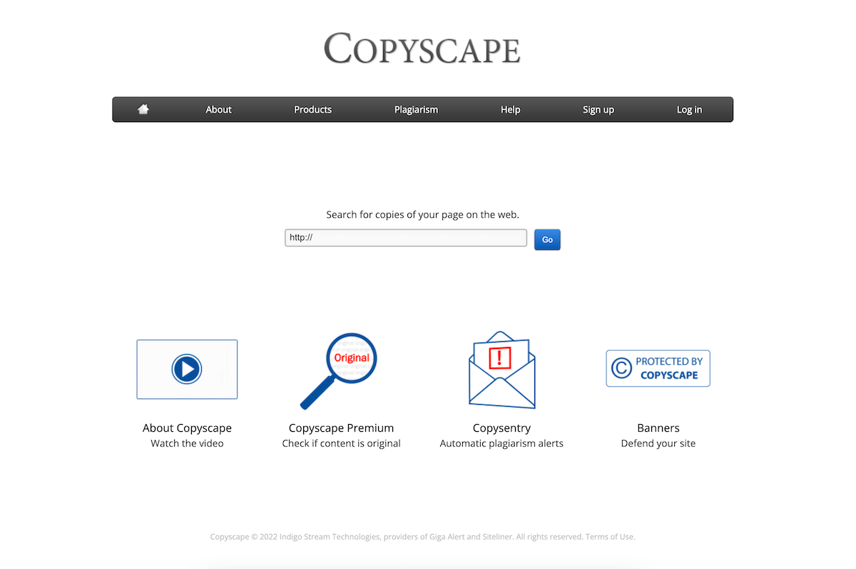 Copyscape homepage showing a search box