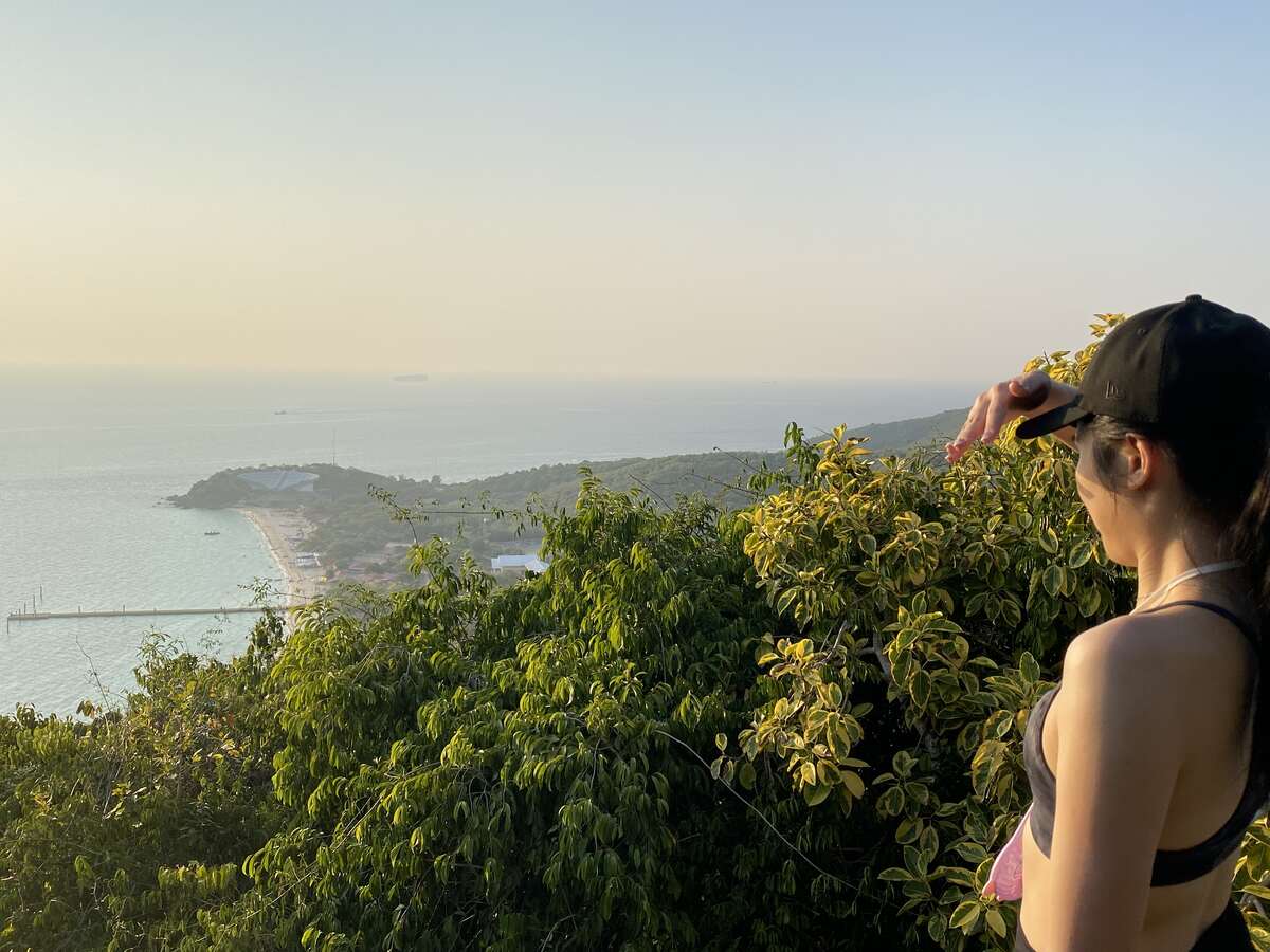Woman looking at the coastal view with foliage and ocean in the distance.