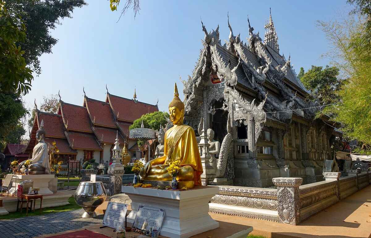 A golden Buddha statue in front of a detailed temple with intricate roof designs under a clear sky.