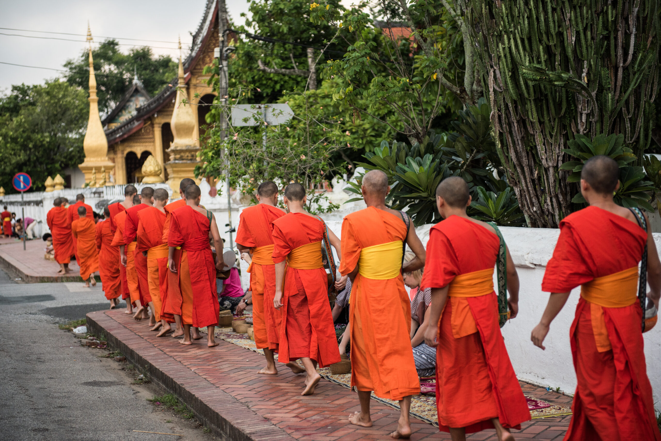 monks passing by the main street in Luang Prabang Laos
