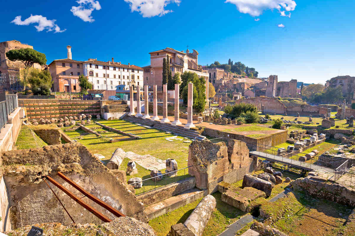 Roman Forum with ruins and columns.