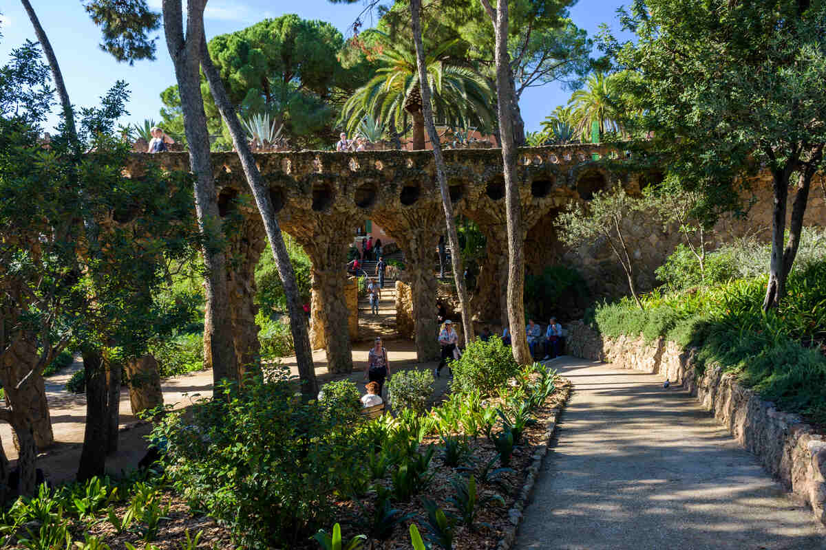 Gardens with palm trees at Park Guell in Barcelona