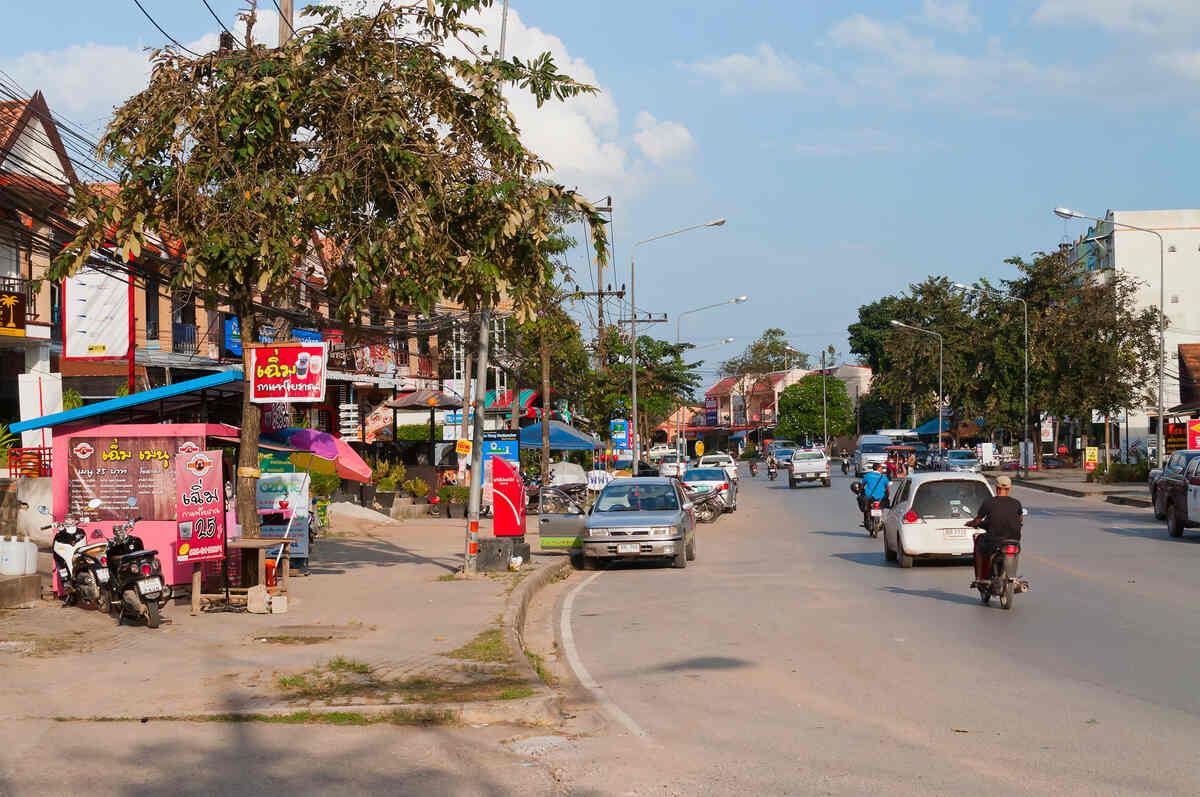 Busy intersection in the main tourist area in Krabi Thailand