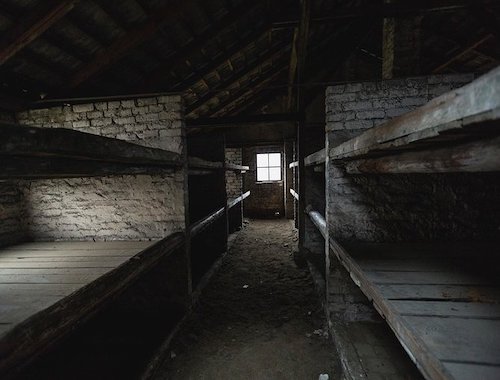 Interior view of a barrack in Auschwitz
