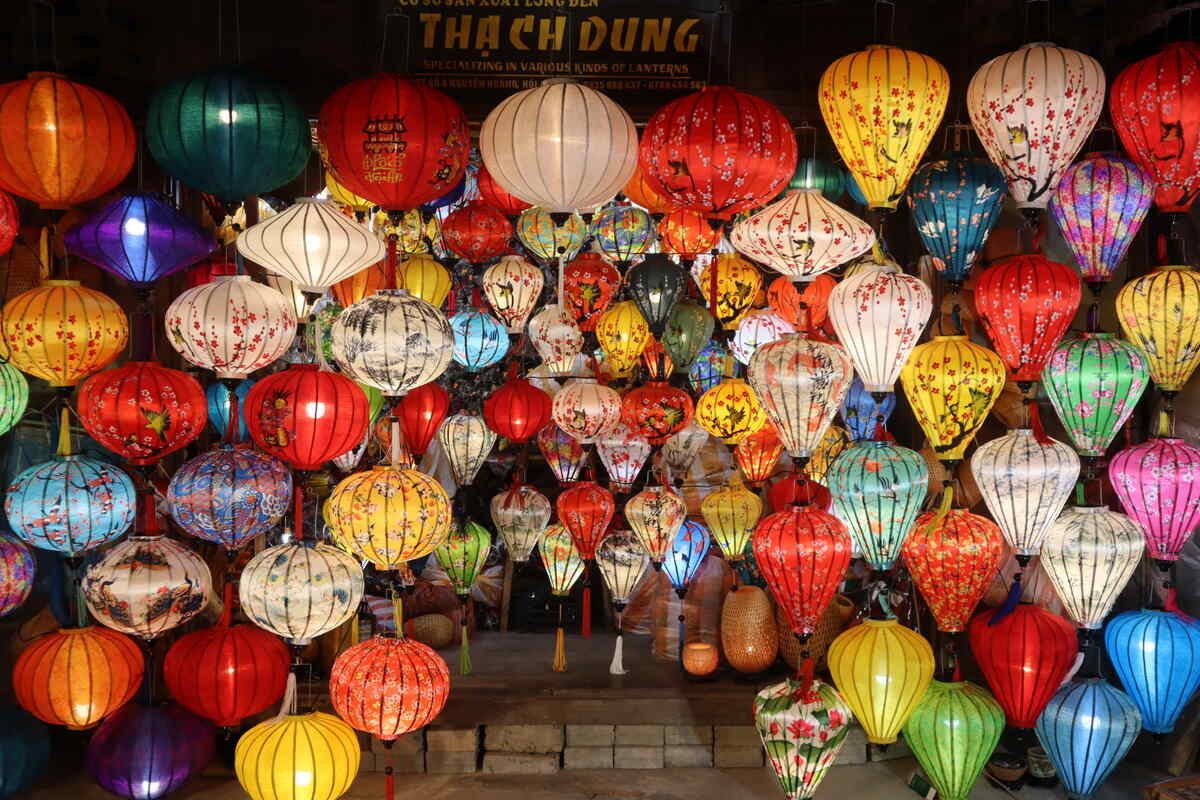 Lanterns in a workshop at night in Hoi An Vietnam.