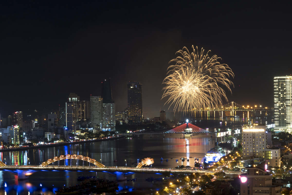 Da Nang Dragon Bridge with fireworks in the background