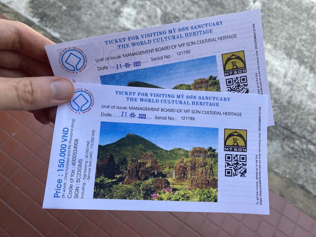 Tickets with QR codes and temple graphics.