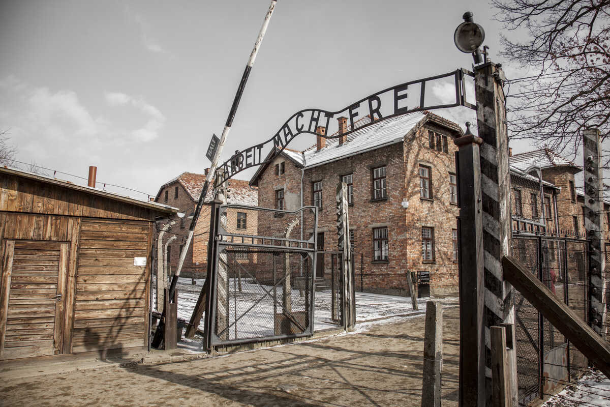 Main gate of Auschwitz concentration camp in Poland