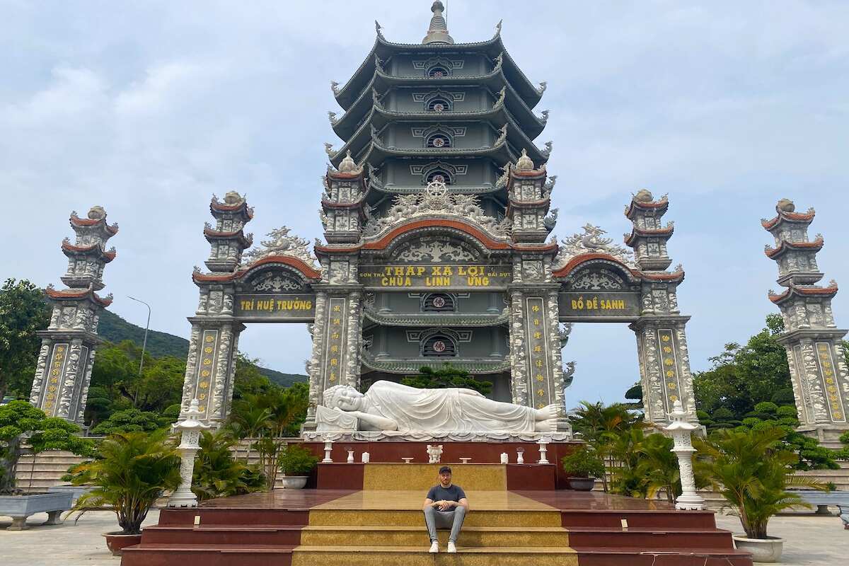 Towering pagoda with ornate architecture.
