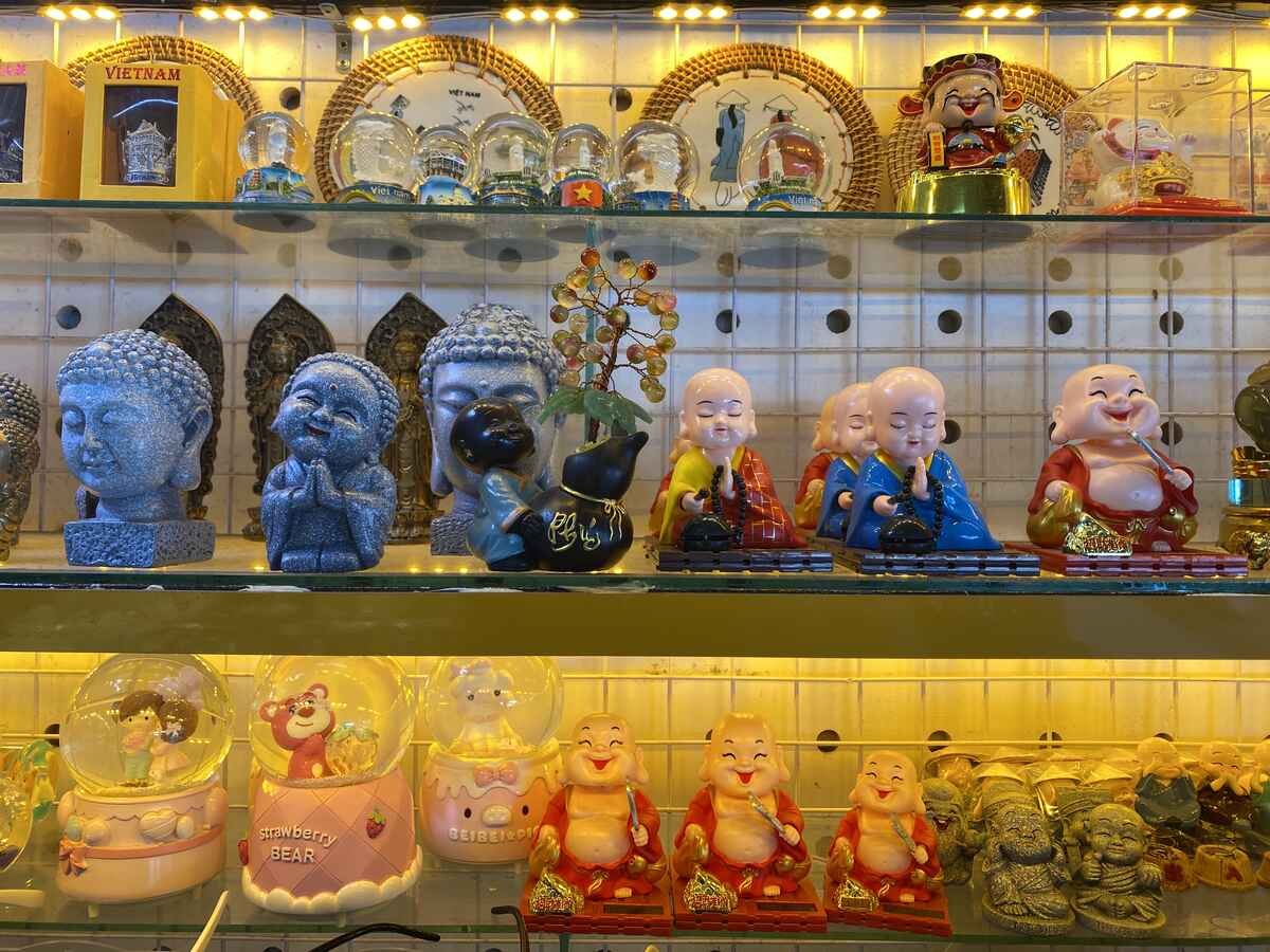 Display of religious figurines and statues.