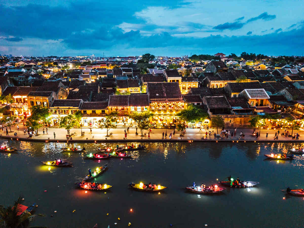 Aerial view of Hoi An at night with lights.