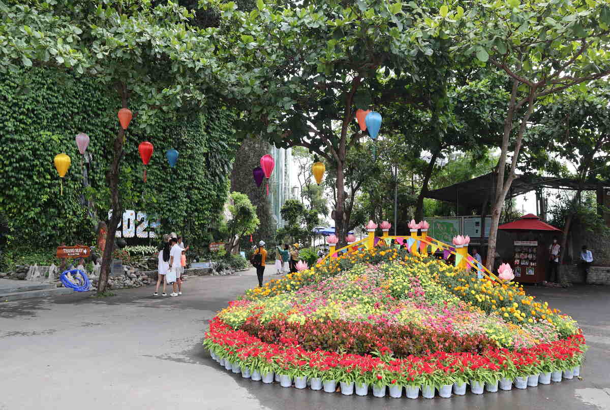 Roundabout with a flower display in the center.