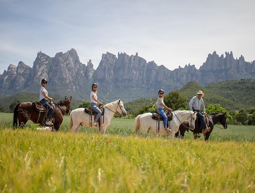 Riders on horseback enjoying a leisurely ride through a lush green meadow with tall, jagged mountains in the distance.