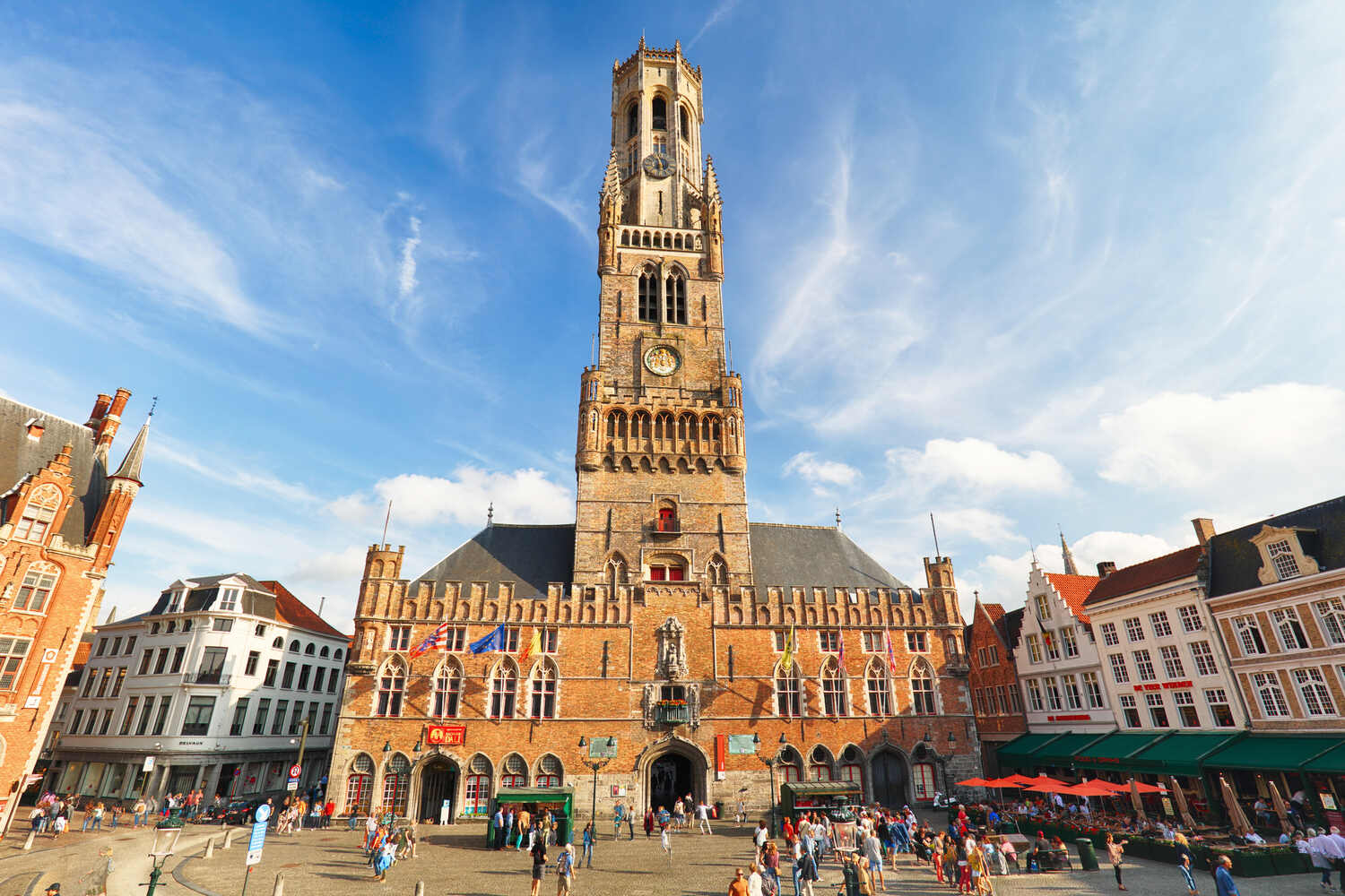 Belfry tower in Bruges with a square at the base