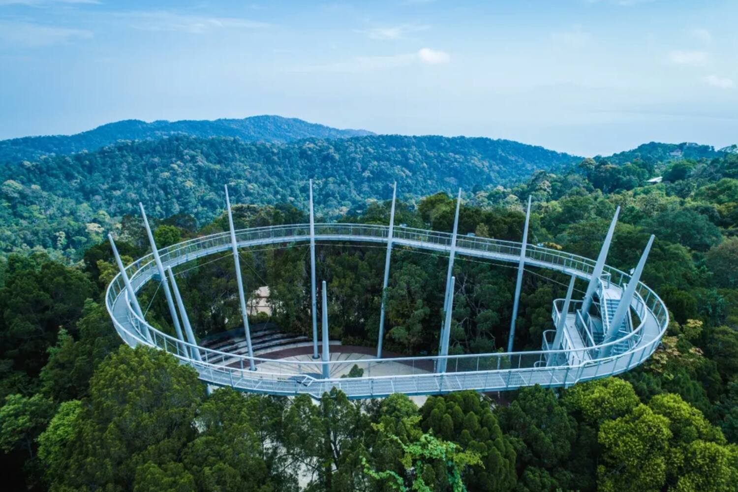 Circular treetop walkway in a lush forest with tall support pillars.