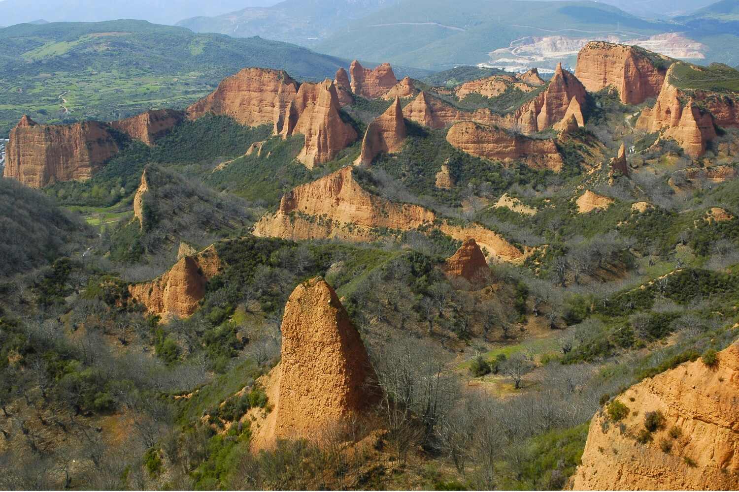 Las Médulas historic landscape with ancient Roman gold mining remnants in Spain.
