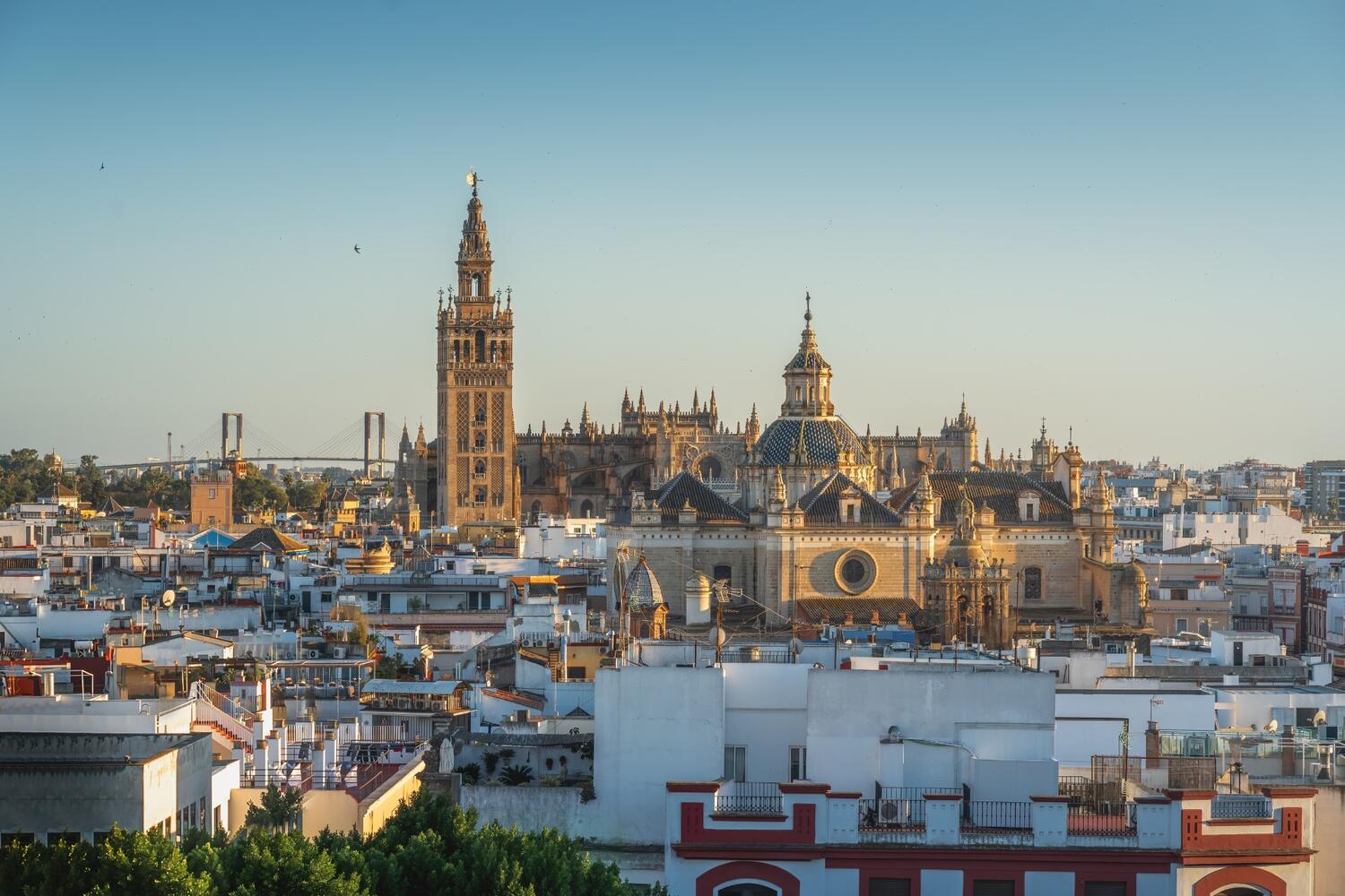Aerial view of the Cathedral of Seville and the Giralda tower, with the cityscape in the background.
