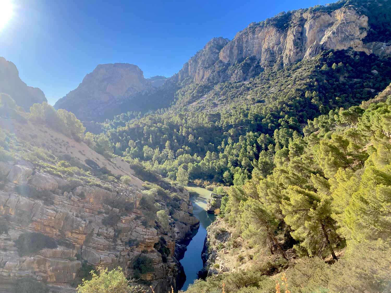 Verdant mountain valley with winding river seen from the Caminito del Rey path