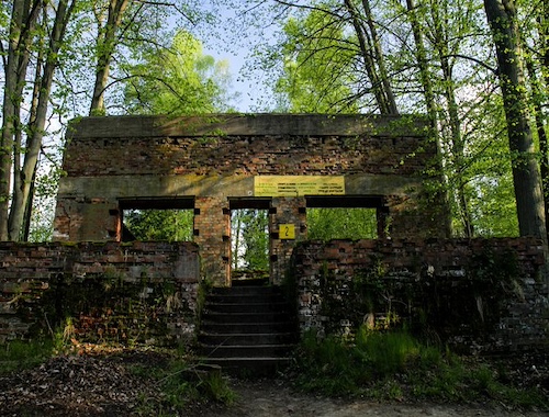 Historic stone bunker in lush greenery.