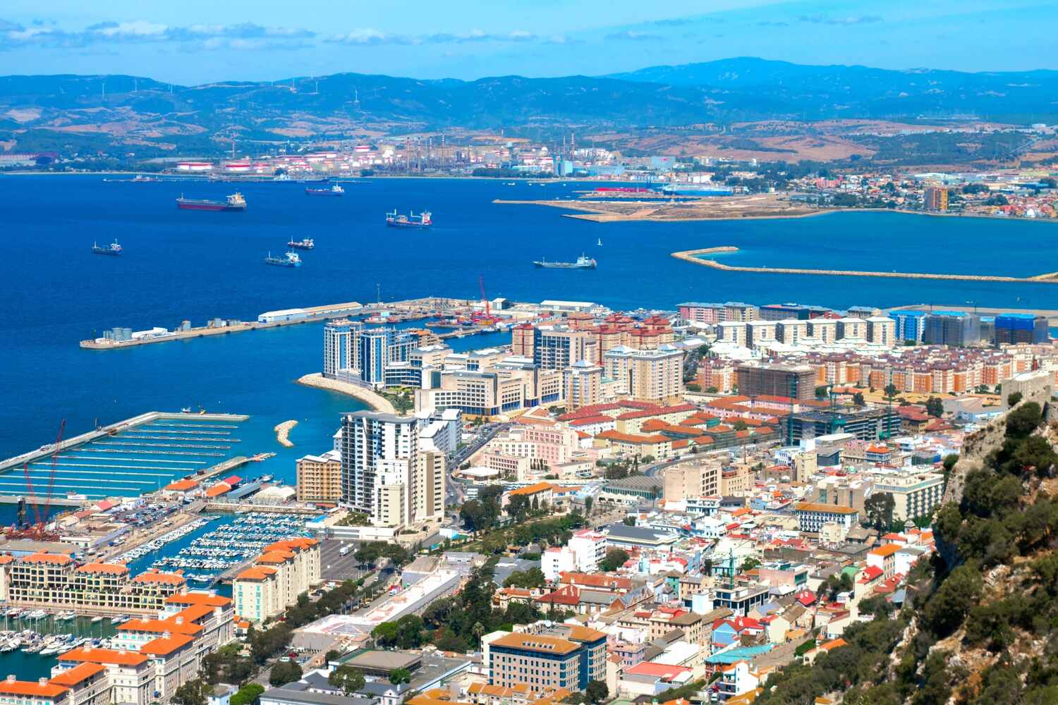 Aerial-view-of-Gibraltar-coastal-town day tours from malaga to Gibraltar