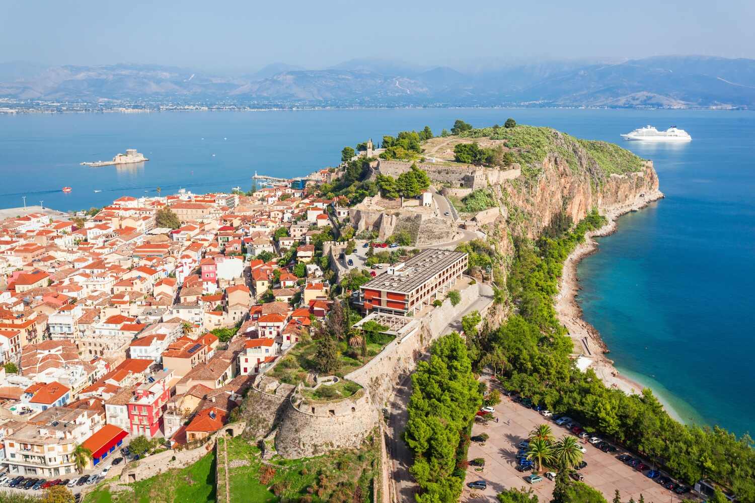 Aerial view of Nafplio Greece overlooking the sea